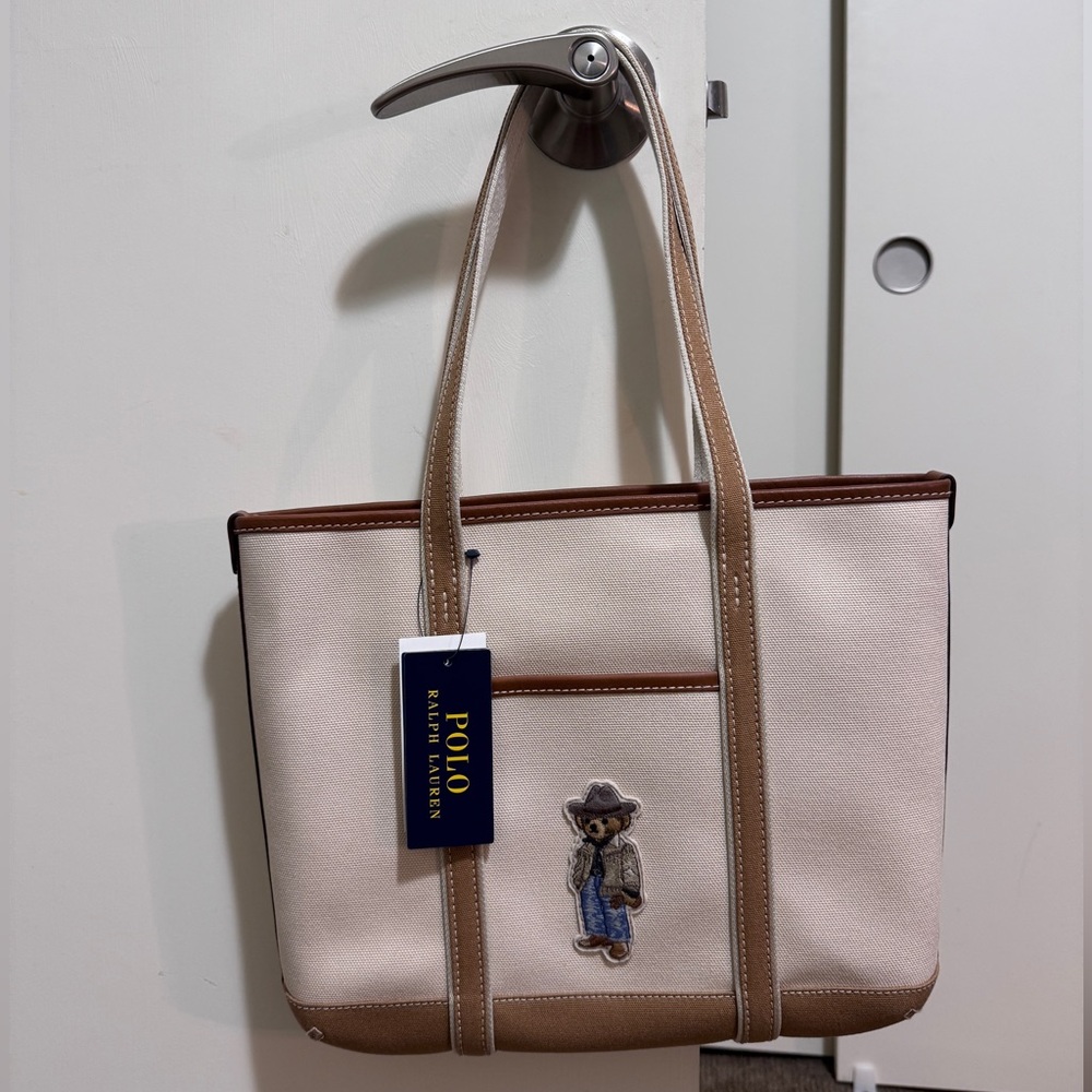 Polo by Ralph Lauren Cream and Brown Canvas Tote Bag